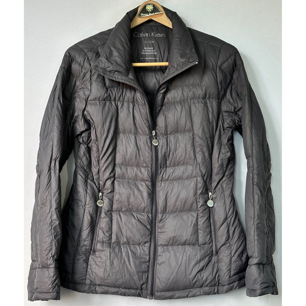 Calvin Klein Puffer Jacket Packable Lightweight Down Womens Small Gray Outdoor